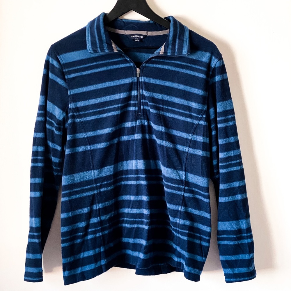 Lands’ End Large 14-16 Blue Stripe Fleece 1/4 Zip Pullover Mock Neck Sweater